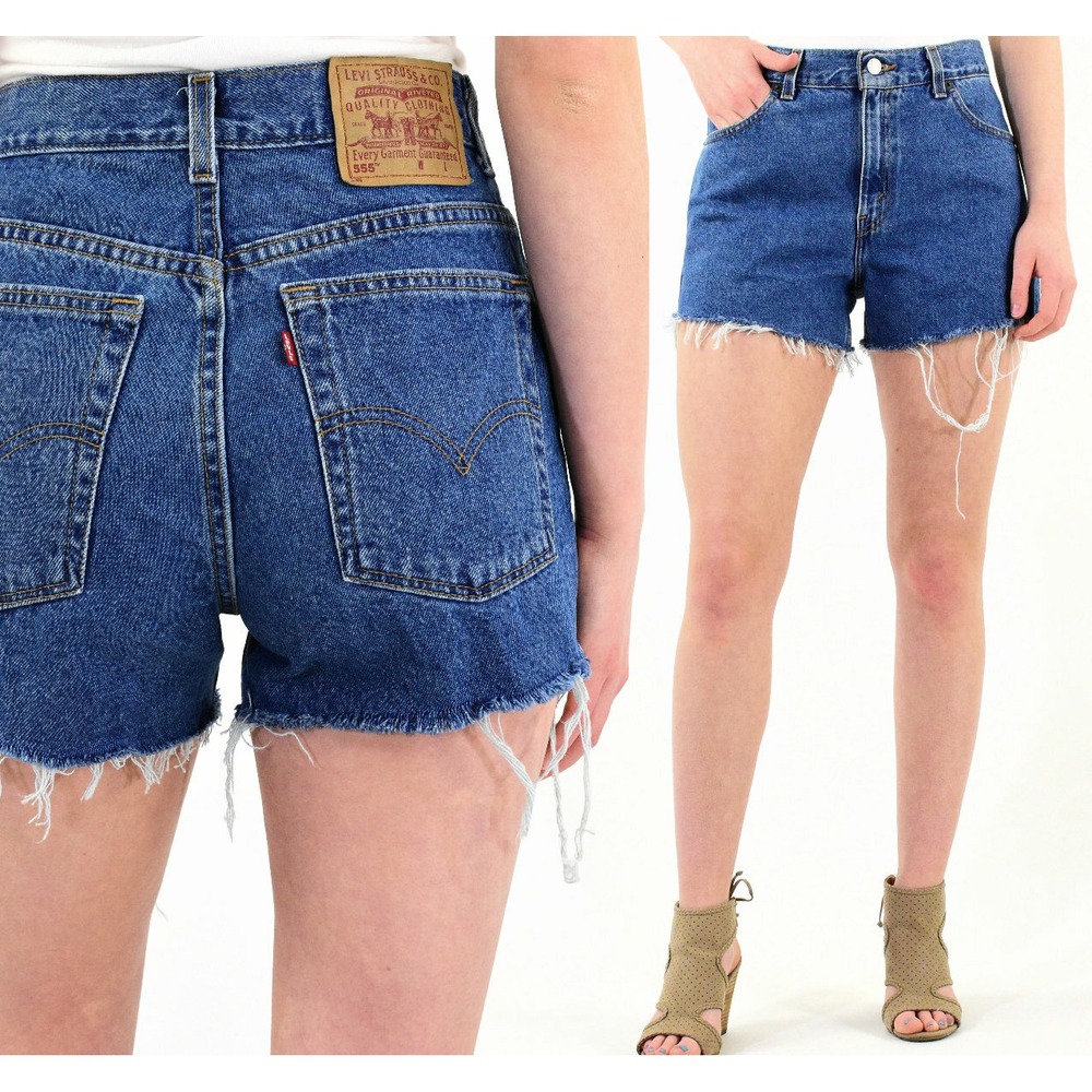 90s Vintage Levi's 550 High Waist Denim Shorts Women 2-18W Blue Cut Off Fringe